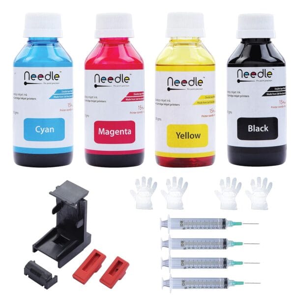 Needle 4x100gms (CMYK combo) Cartridge Inkjet Ink Refill Toolkit with Suction Tool Compatible with HP and Canon Cartridge Printers