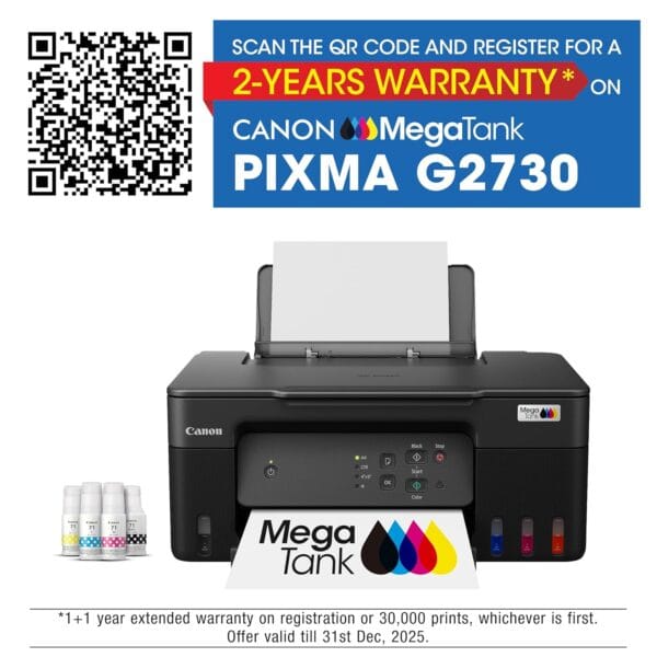 Canon PIXMA MegaTank G2730 All-in-one (Print, Scan, Copy) Inktank Printer with Small Size Ink Bottles - Image 2