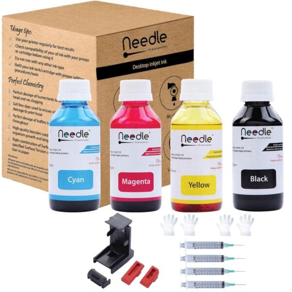 Needle 4x100gms (CMYK combo) Cartridge Inkjet Ink Refill Toolkit with Suction Tool Compatible with HP and Canon Cartridge Printers - Image 2